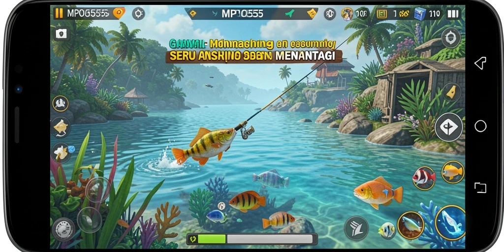Screenshot MPO555 menampilkan pemain yang sukses menangkap ikan besar.